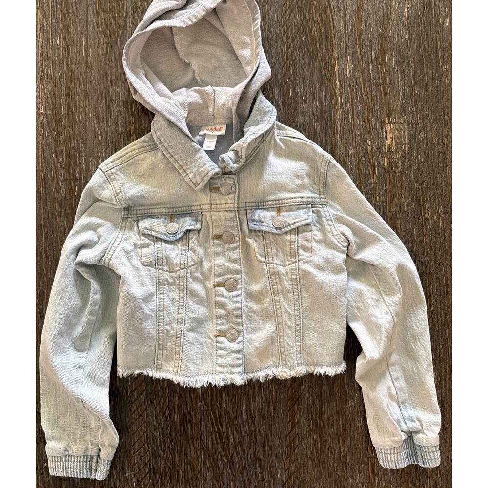 Cat & Jack Light Denim Blue Girls Gray Hood Jean Jacket Retro Small 6/7